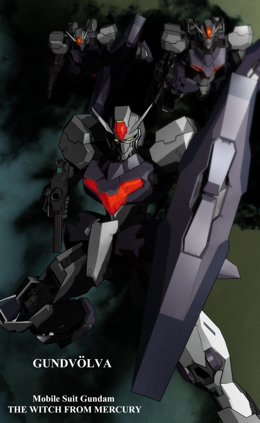 absurdres character_name copyright_name flying gun gundam gundam_suisei_no_majo gundvolva highres holding holding_gun holding_shield holding_weapon mecha no_humans robot shield space v-fin weapon yanase_takayuki yellow_eyes