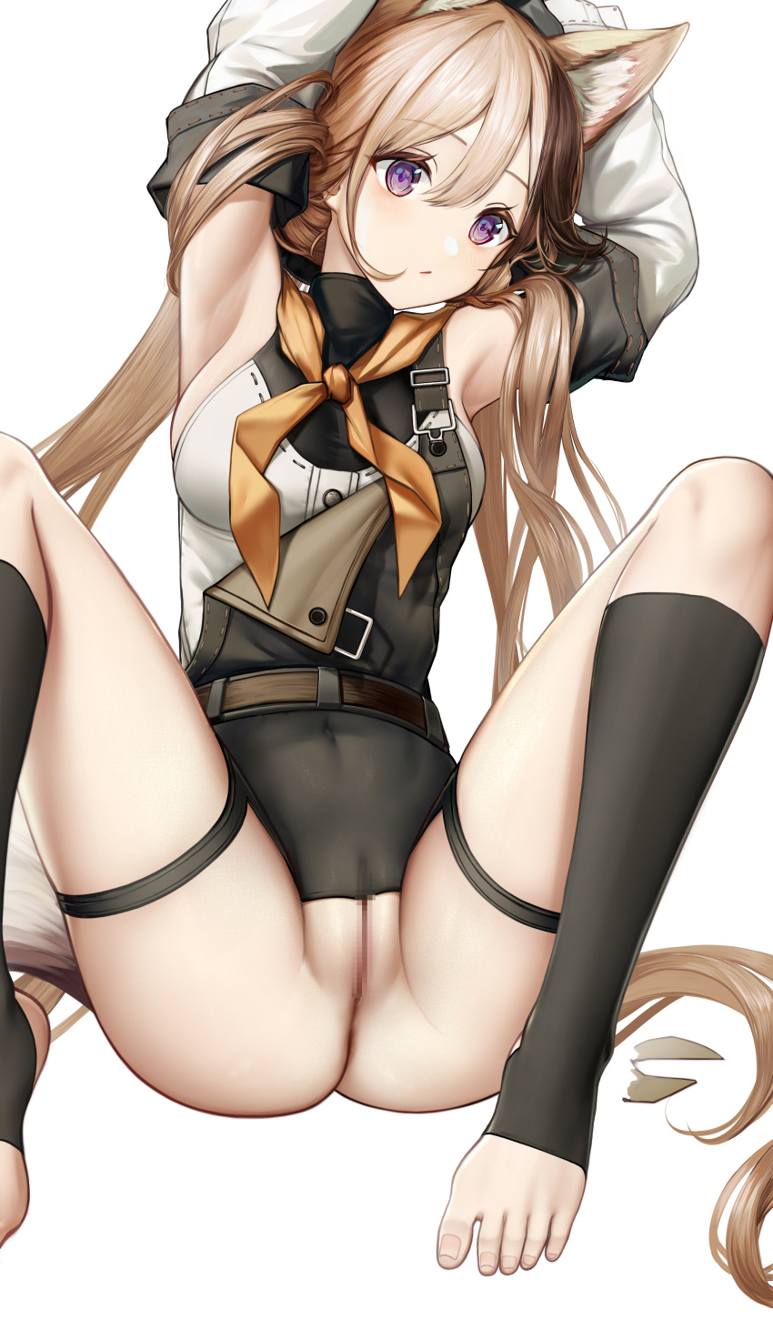 1girl absurdres animal_ear_fluff animal_ears argyle argyle_legwear arknights armpits arms_up black_socks brown_hair cardigan_(arknights) cardigan_(sunny_day)_(arknights) censored detached_sleeves feet foot_out_of_frame hair_between_eyes highres kneehighs knees_up legs long_hair long_sleeves looking_at_viewer mosaic_censoring multicolored_hair no_shoes nopetroto purple_eyes pussy revision shirt simple_background sleeveless sleeveless_shirt socks solo spread_legs stirrup_legwear streaked_hair tail thigh_strap toeless_legwear toes very_long_hair white_background white_shirt white_sleeves