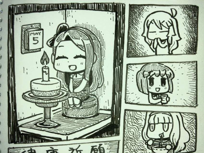 4girls ahoge bob_cut bowl cake candle chibi cup eating fire food greyscale hagiwara_yukiho holding holding_cup hoshii_miki idolmaster idolmaster_(classic) long_hair minase_iori monochrome multiple_girls noodles own_hands_together riyo_(lyomsnpmp) shijou_takane swept_bangs table traditional_media yunomi