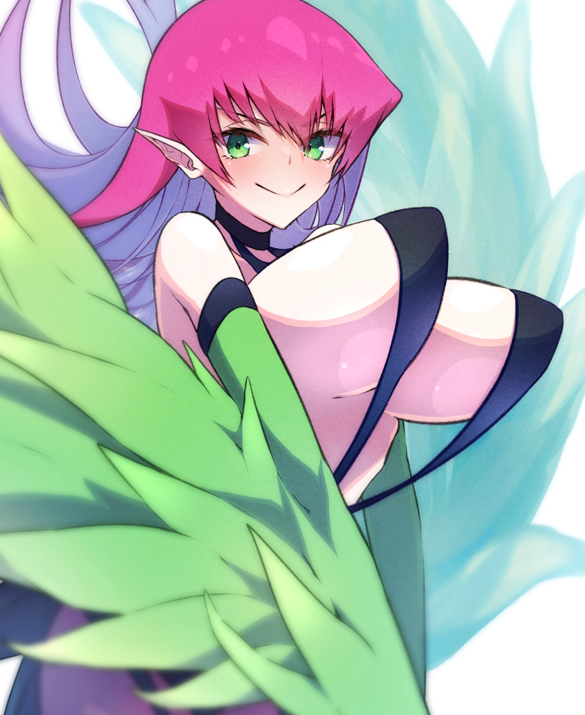 1girl bouncing_breasts breasts duel_monster feathered_wings feathers floating_hair green_eyes green_feathers harpie_lady harpie_lady_1 harpy highres large_breasts long_hair monster_girl mosu_(korikan) pointy_ears purple_hair slingshot_swimsuit smile solo swimsuit upper_body wings yu-gi-oh!