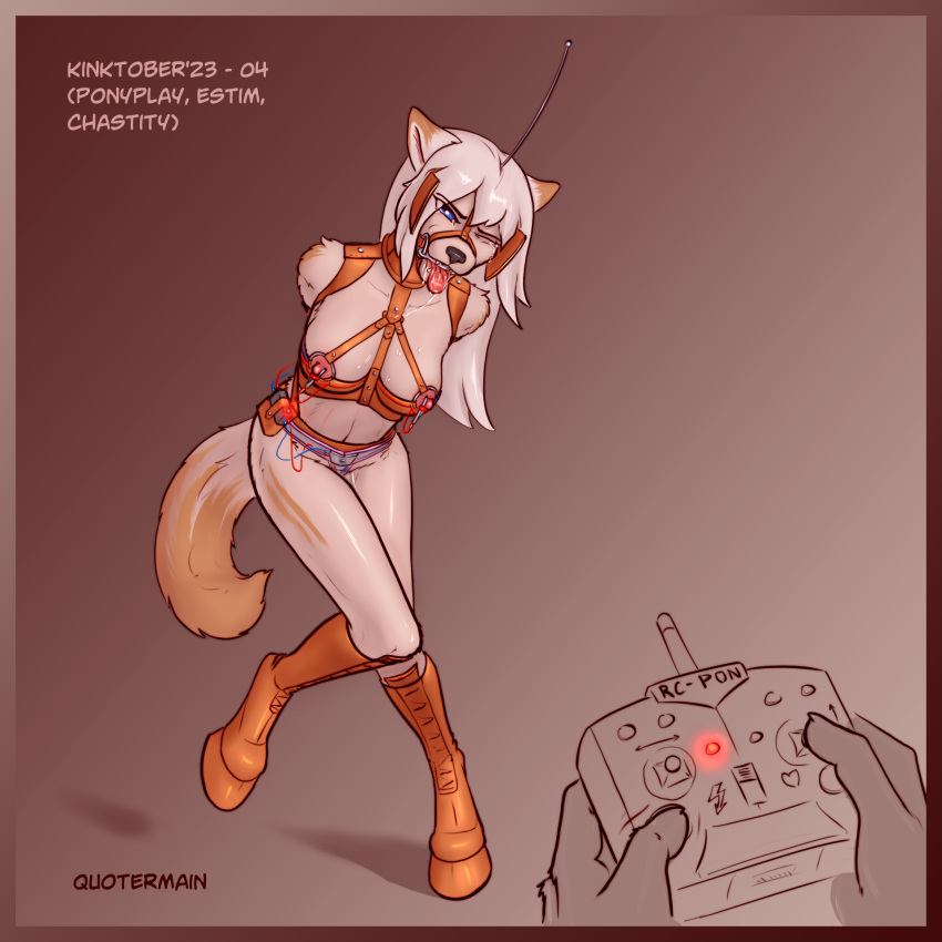 2023 anthro bit_gag blinders boots breasts canid canine canis chastity_belt chastity_device clothing disembodied_hand eyewear female footwear gag gagged hands_behind_back hi_res hoof_boots mammal nipples petplay ponyplay quotermain roleplay solo_focus standing submissive submissive_anthro submissive_female tongue tongue_out wolf