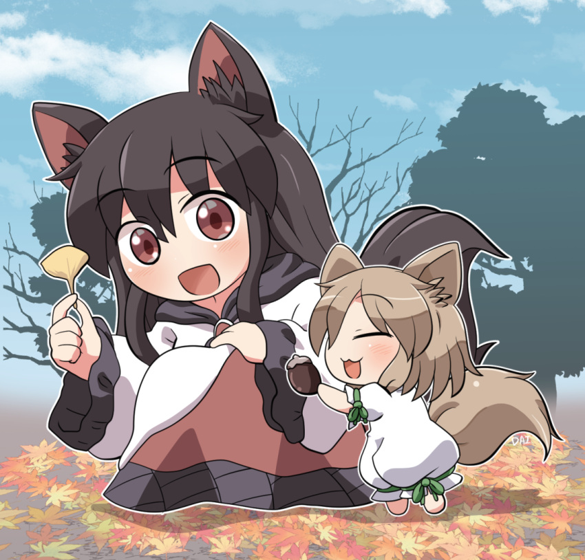 2girls animal_ears blush brown_hair closed_eyes fox_ears fox_tail imaizumi_kagerou kudamaki_tsukasa light_brown_hair long_hair multiple_girls open_mouth red_eyes rokugou_daisuke short_hair signature smile tail touhou wolf_ears wolf_tail