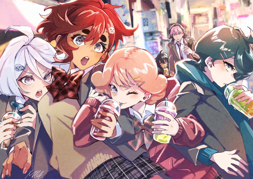 1boy 5girls alternate_universe black_hair bow bowtie cup dark-skinned_female dark_skin disposable_cup drink drinking drinking_straw drinking_straw_in_mouth green_hair guel_jeturk gundam gundam_suisei_no_majo highres hinosaka_aki holding holding_drink holding_hands milkshake miorine_rembran multiple_girls necktie norea_du_noc pink_hair red_hair scarf school_uniform seethia_(gundam) shopping_district signature sophie_pulone suletta_mercury white_hair