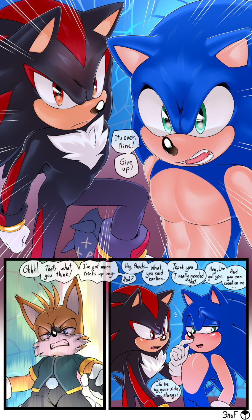 absurd_res anthro blue_body canid canine dialogue duo english_text eulipotyphlan fox fur green_eyes hedgehog hi_res krazyelf male mammal miles_prower multicolored_body multicolored_fur netflix red_eyes sega shadow_the_hedgehog sonic_prime sonic_the_hedgehog sonic_the_hedgehog_(series) tan_body text two_tone_body two_tone_fur white_body white_fur yellow_body yellow_fur