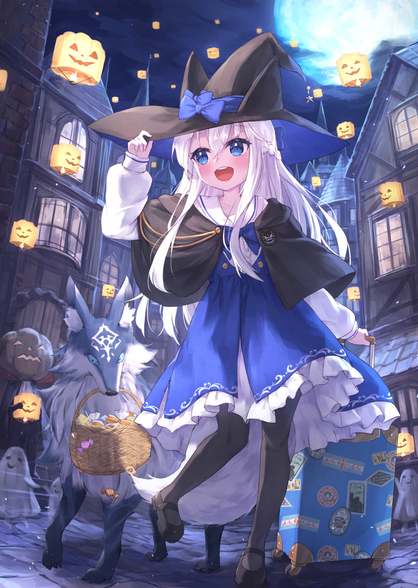 1girl :d absurdres animal_ears animal_hat arm_up basket black_capelet black_footwear black_headwear black_pantyhose blue_bow blue_dress blue_eyes blue_sky bow braid building capelet center_frills cloud commentary_request dress fake_animal_ears frilled_dress frills full_moon hair_between_eyes halloween hand_on_headwear hat hat_bow highres jack-o'-lantern long_hair long_sleeves masaki_(msk064) moon mouth_hold night night_sky original outdoors pantyhose puffy_long_sleeves puffy_sleeves rolling_suitcase sailor_collar shirt shoes sky sleeves_past_wrists smile solo standing standing_on_one_leg suitcase tail very_long_hair white_hair white_sailor_collar white_shirt window witch_hat wolf