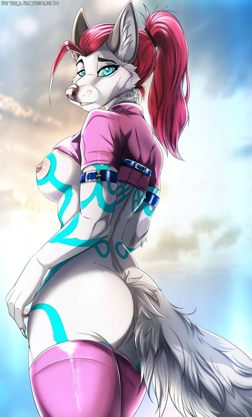 2023 absurd_res anthro areola artist_name breasts butt canid canine clothing digital_media_(artwork) female fur fur_markings hair hi_res legwear mammal markings nipples outside red_hair solo stockings tai_l_rodriguez