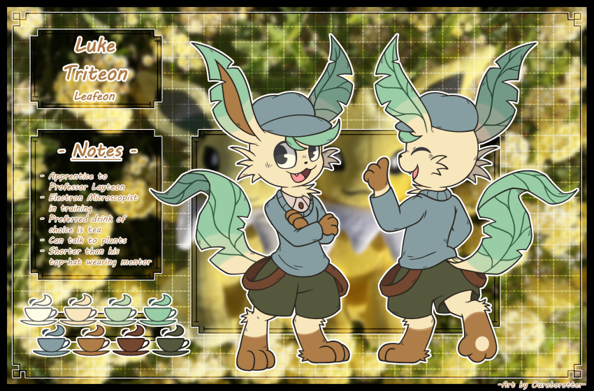 absurd_res ambiguous_gender anthro biped brown_body brown_fur clothed clothing digitigrade eeveelution fan_character fangs fully_clothed fur generation_4_pokemon hi_res leaf_ears leaf_tail leafeon luke_triteon model_sheet nintendo open_mouth open_smile ouroborotter pokemon pokemon_(species) pokemon_mystery_dungeon smile solo tan_body tan_fur teeth