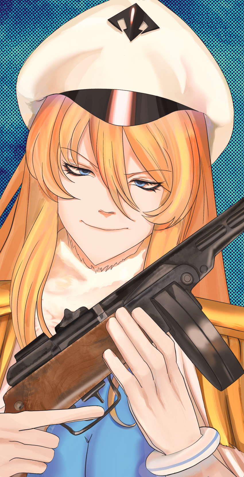 1girl absurdres andreanof_pepesha blonde_hair blue_background blue_eyes breasts closed_mouth gloves gun hair_between_eyes half-closed_eyes hands_up highres kasciuszka large_breasts long_hair multicolored_background ppsh-41 shy_(series) solo submachine_gun weapon white_gloves white_hair