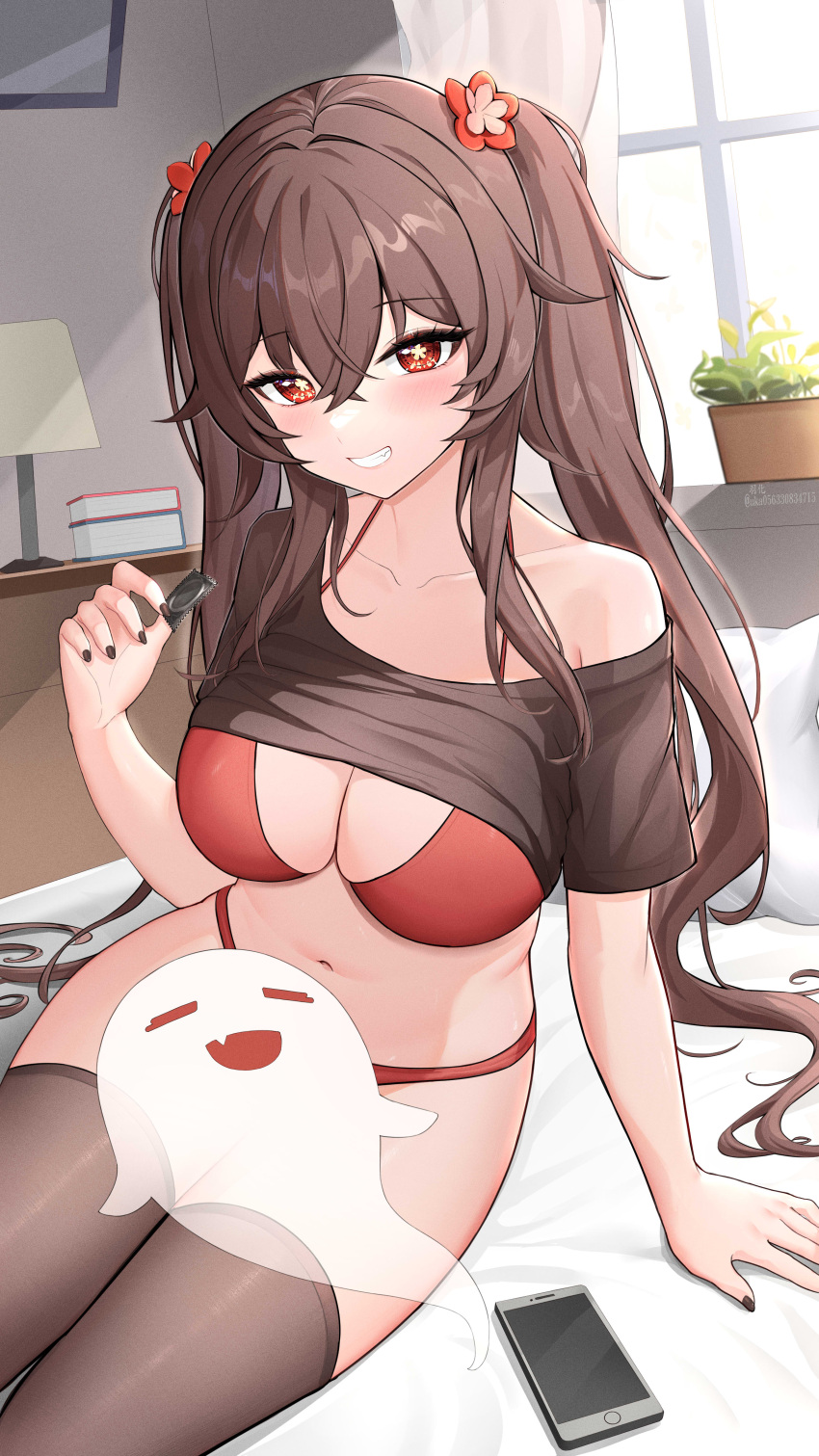1girl absurdres bikini bikini_under_clothes black_nails blush breasts brown_hair collarbone condom flower genshin_impact ghost hair_between_eyes highres holding holding_condom hu_tao_(genshin_impact) jewelry long_hair looking_at_viewer navel phone red_bikini red_eyes ring shirt short_sleeves smile solo swimsuit symbol-shaped_pupils teeth thighhighs twintails uka_(315302627) very_long_hair