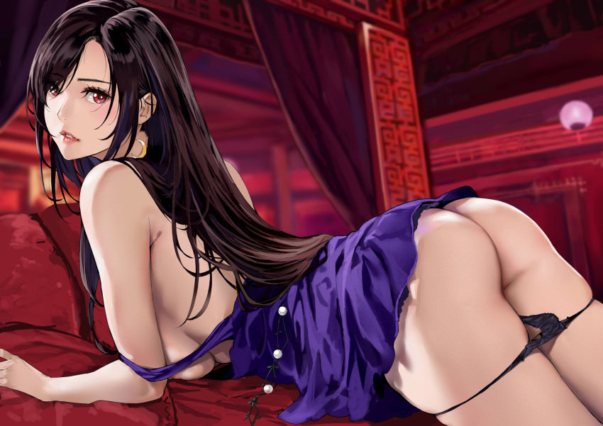 1girl architecture armpit_crease ass bed_sheet black_hair breasts crescent crescent_earrings dress earrings east_asian_architecture error final_fantasy final_fantasy_vii final_fantasy_vii_remake highres indoors jewelry lantern large_breasts lips long_hair looking_at_viewer lying nipples on_stomach panties panty_pull parted_lips purple_dress red_eyes short_dress solo strap_slip tifa_lockhart tifa_lockhart's_refined_dress underwear very_long_hair yamaishi_(mukoubuti)