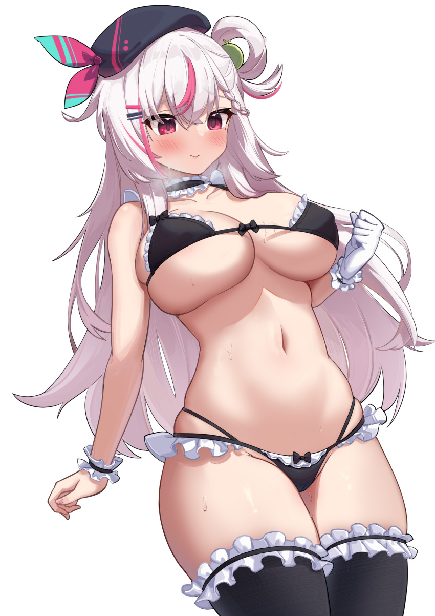 1girl absurdres bikini blush bow bow_panties bra breasts clenched_hand food fruit gloves hair_ornament hairclip hat highres large_breasts light_smile maid_bikini maid_panties melon midriff mingyin_meion_(vtuber) multicolored_hair navel original panties pink_eyes pink_hair shuibo single_hair_ring smile streaked_hair swimsuit thighhighs thighs underboob underwear virtual_youtuber white_gloves white_hair