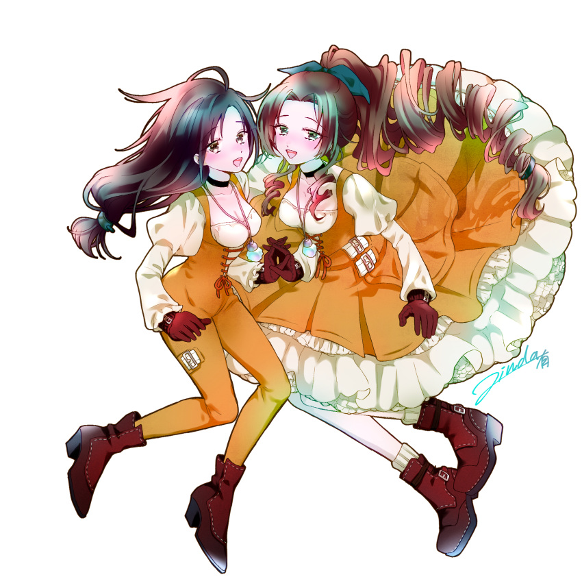 2girls aerith_gainsborough aqua_ribbon black_choker bodysuit boots braid braided_ponytail breasts brown_eyes choker cosplay curly_hair dress final_fantasy final_fantasy_ix final_fantasy_vii final_fantasy_vii_ever_crisis frilled_dress frills full_body garnet_til_alexandros_xvii garnet_til_alexandros_xvii_(cosplay) gloves green_eyes hair_ribbon hair_tie highres holding_hands interlocked_fingers jewelry juliet_sleeves jyukikob lace-up_top light_blush long_dress long_hair long_sleeves low-tied_long_hair medium_breasts multiple_girls open_mouth orange_bodysuit orange_dress parted_bangs pendant puffy_sleeves red_footwear red_gloves ribbon shirt sidelocks signature single_braid smile socks swept_bangs white_background white_shirt white_socks