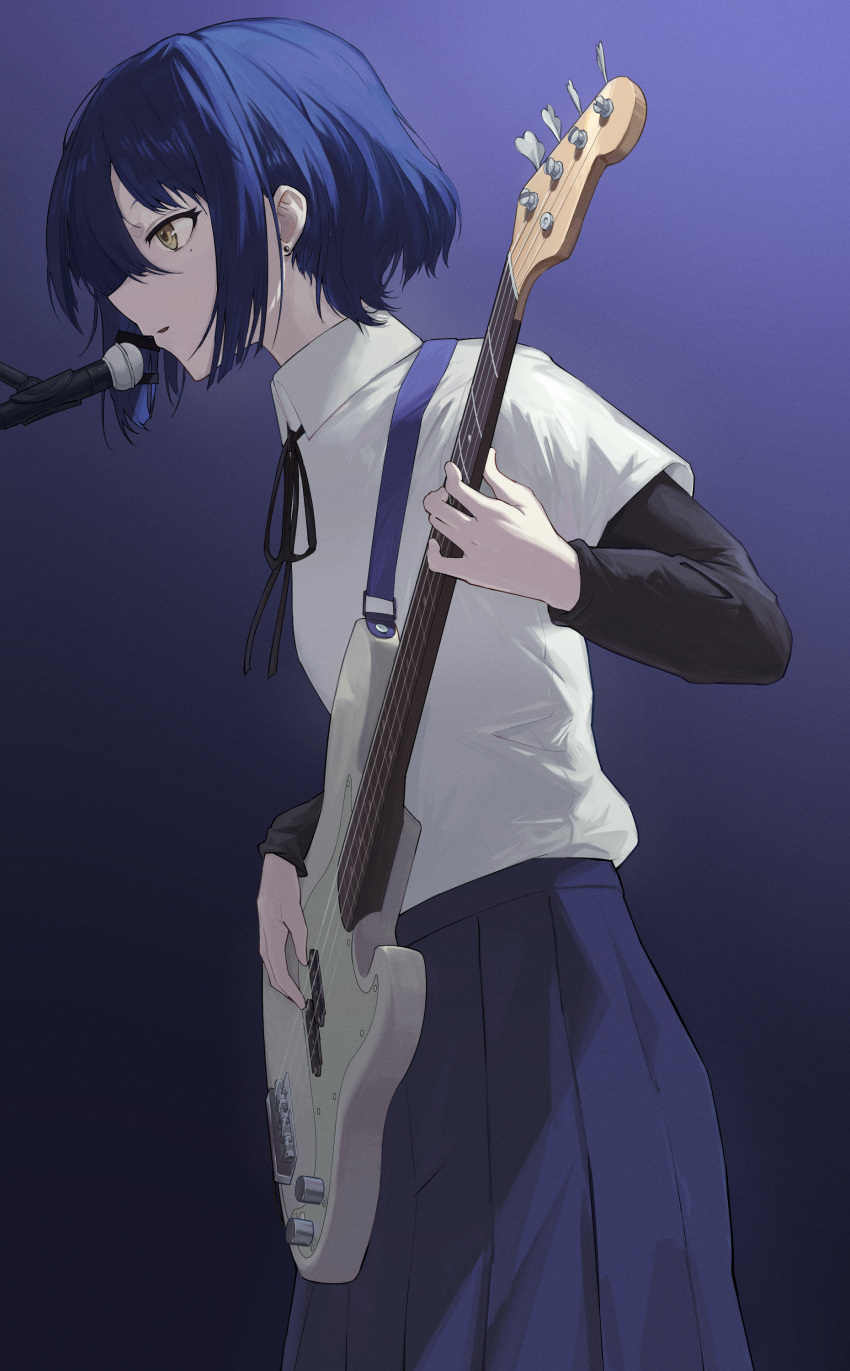 1girl absurdres bass_guitar black_bow black_bowtie black_ribbon black_undershirt blue_hair blue_skirt bob_cut bocchi_the_rock! bow bowtie breasts closed_mouth collared_shirt commentary cowboy_shot dress_shirt earrings electric_guitar fender_precision_bass from_side gradient_background guitar hair_over_one_eye highres holding holding_guitar holding_instrument instrument jewelry long_skirt long_sleeves looking_ahead microphone mole mole_under_eye music neck_ribbon pale_skin playing_instrument pleated_skirt purple_background ribbon school_uniform shimokitazawa_high_school_uniform shirt short_hair short_sleeves singing skirt small_breasts solo standing stud_earrings white_shirt yamada_ryo yao_yang yellow_eyes