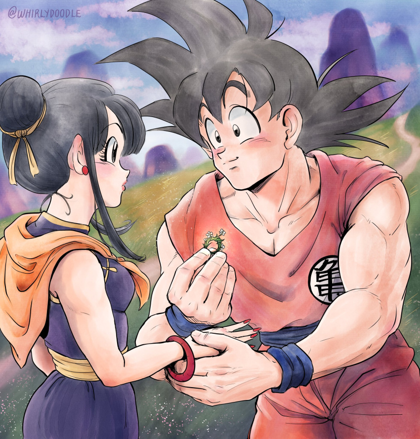 1boy 1girl animal_ears black_eyes black_hair bracelet breasts chi-chi_(dragon_ball) commentary dougi dragon_ball dragon_ball_z english_commentary grass hair_bun hand_grab highres husband_and_wife jewelry mountain muscular muscular_male neckerchief orange_neckerchief red_nails ring single_hair_bun small_breasts son_goku trail twitter_username whirlydoodle wristband