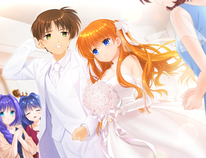 1boy 4girls aged_up aizawa_yuuichi amano_mishio arm_hug arm_up bare_shoulders bead_necklace beads blue_eyes blurry blush bouquet breasts bridal_gauntlets bridal_veil bride brown_hair church cleavage clenched_hand closed_mouth collared_shirt commentary commission couple cowboy_shot depth_of_field dress dutch_angle earrings eyelashes eyes_visible_through_hair flower formal glint green_eyes grin groom hair_between_eyes hair_flower hair_ornament hair_over_shoulder hair_ribbon hair_spread_out happy hetero highres holding holding_bouquet indoors jewelry kanon large_breasts long_dress long_hair long_sleeves looking_at_another minase_akiko minase_nayuki multiple_girls necklace necktie orange_hair otou_(otou_san) pants ribbon ring rose sawatari_makoto scratching_head shirt short_hair sidelocks skeb_commission smile spiked_hair standing strapless strapless_dress suit tears two_side_up variant_set veil veil_lift very_long_hair wedding_dress wedding_ring white_dress white_flower white_necktie white_pants white_ribbon white_rose white_shirt white_suit wind wind_lift