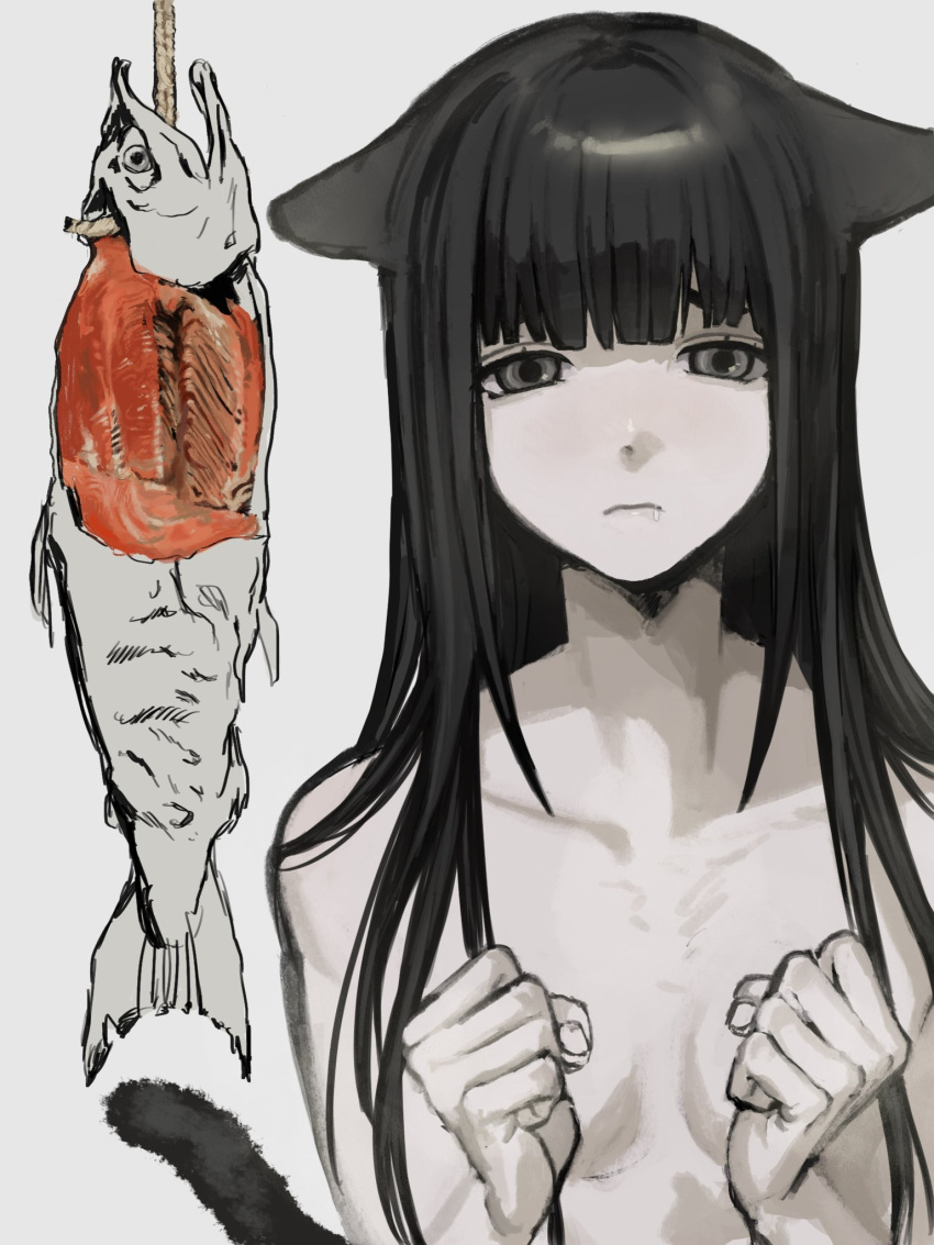 1girl animal_ears black_hair blunt_bangs breasts cat_day cat_ears cat_girl cat_tail collarbone commentary completely_nude covering covering_breasts dead_animal ears_down fish frown furrowed_brow grey_eyes hands_up hanging_food highres long_hair nude original raised_eyebrows sidelocks simple_background skinny small_breasts solo straight-on tail upper_body white_background youyuu_(melt_yo103)