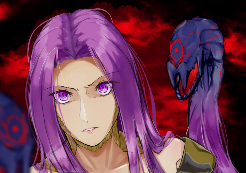 1girl absurdres aruhularudo fate/grand_order fate_(series) forehead gorgon_(fate) highres lips long_hair medusa_(fate) portrait purple_eyes purple_hair red_background snake_hair solo square_pupils