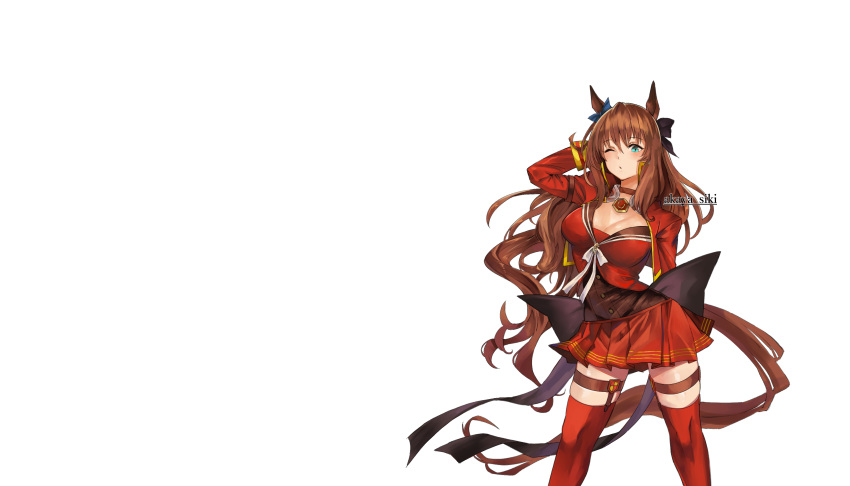 1girl absurdres akaya_shiki animal_ears aqua_eyes arm_up artist_name back_bow black_bow blue_bow bow breasts brown_hair cleavage commentary_request ear_bow feet_out_of_frame hair_between_eyes highres horse_ears horse_girl horse_tail large_breasts long_hair looking_at_viewer maruzensky_(umamusume) one_eye_closed pleated_skirt red_serafuku red_shirt red_skirt red_thighhighs school_uniform serafuku shirt simple_background skirt solo tail thighhighs umamusume very_long_hair white_background white_bow