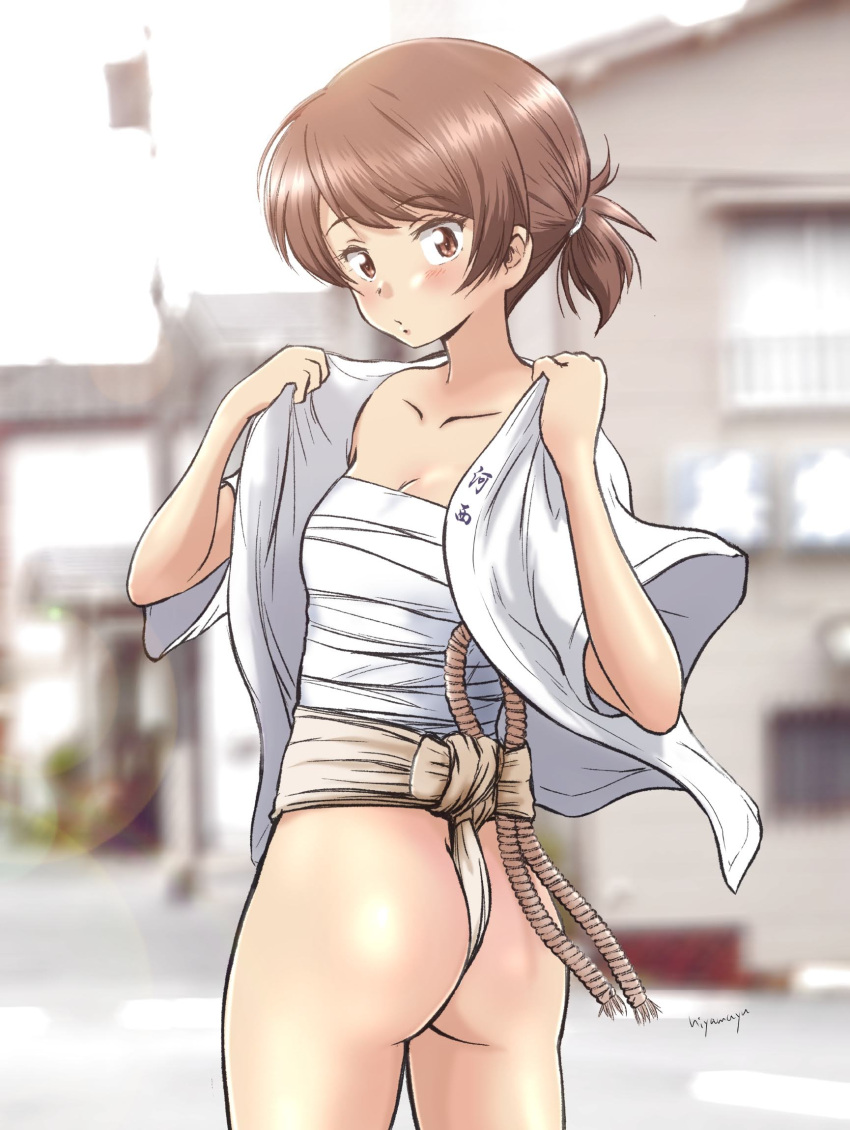 1girl ass blush breasts brown_eyes brown_hair collarbone fundoshi girls_und_panzer highres hiyama_yuu_(wee259hiyama) japanese_clothes kawanishi_shinobu looking_at_viewer open_mouth outdoors ponytail sarashi short_hair signature small_breasts solo yamakasa