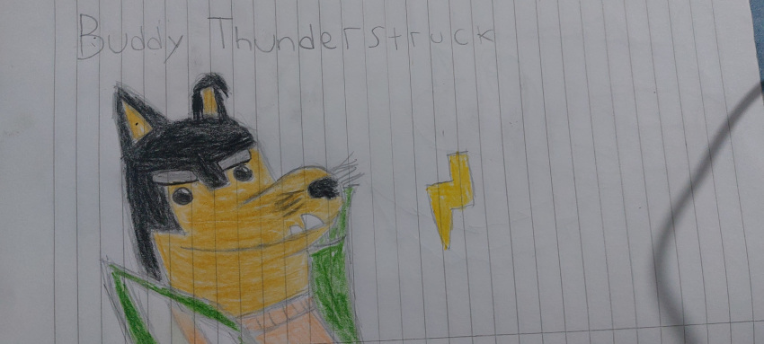 absurd_res black_eyes buddy_thunderstruck_(character) buddy_thunderstruck_(series) canid canine canis domestic_dog drawing half_body hi_res humanoid male male/male mammal netflix smile solo unknown_artist