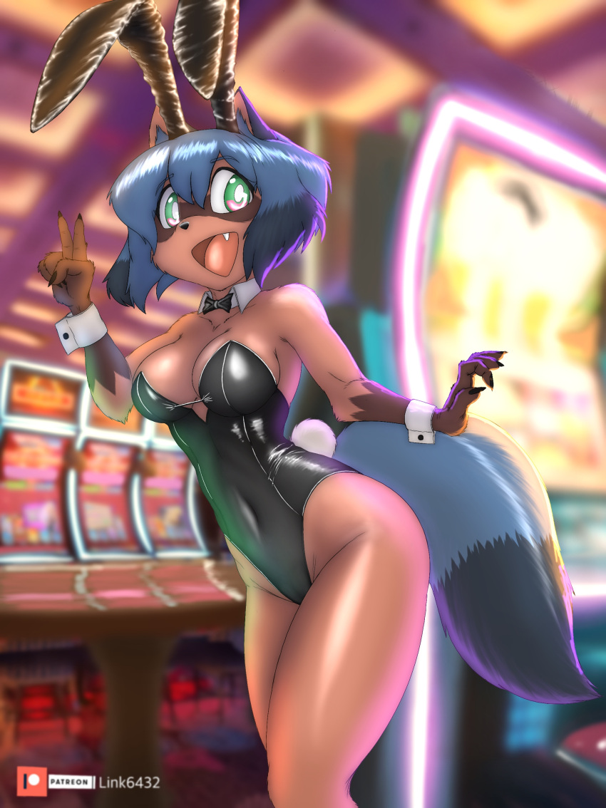 absurd_res anthro big_breasts blue_body blue_hair brand_new_animal breasts brown_body brown_fur bunny_costume canid canine canis clothed clothing costume fake_ears fake_rabbit_ears female fur hair hi_res link6432 mammal michiru_kagemori open_mouth raccoon_dog solo studio_trigger tail tanuki