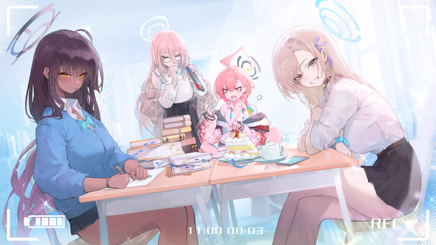 4girls =3 ahoge akane_(blue_archive) asuna_(blue_archive) black_skirt blue_archive book braid breasts cake cellphone closed_eyes collared_shirt crossed_legs cup dark-skinned_female dark_skin desk food glasses grin hair_between_eyes halo highres huge_ahoge jacket karin_(blue_archive) koio large_breasts long_hair looking_at_viewer miniskirt multiple_girls neru_(blue_archive) open_clothes open_jacket open_mouth orange_eyes phone pleated_skirt recording school_desk scrunchie shirt side_braid sitting skirt smartphone smile very_long_hair white_shirt wrist_scrunchie