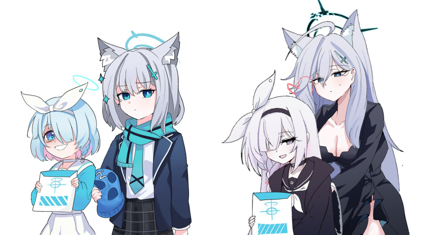 4girls ahoge animal_ear_fluff animal_ears arona_(blue_archive) black_choker black_dress black_hairband black_jacket black_serafuku blue_archive blue_eyes braid breasts choker closed_mouth collarbone cross_hair_ornament dress extra_ears grey_eyes grey_hair hair_ornament hair_over_one_eye hairband halo highres jacket korean_commentary korean_text large_breasts long_hair long_sleeves looking_at_another multiple_girls neckerchief open_clothes open_jacket open_mouth plana_(blue_archive) school_uniform serafuku shiroko_(blue_archive) shiroko_terror_(blue_archive) skyrain315 upper_body white_background white_hair white_neckerchief wide_sleeves wolf_ears