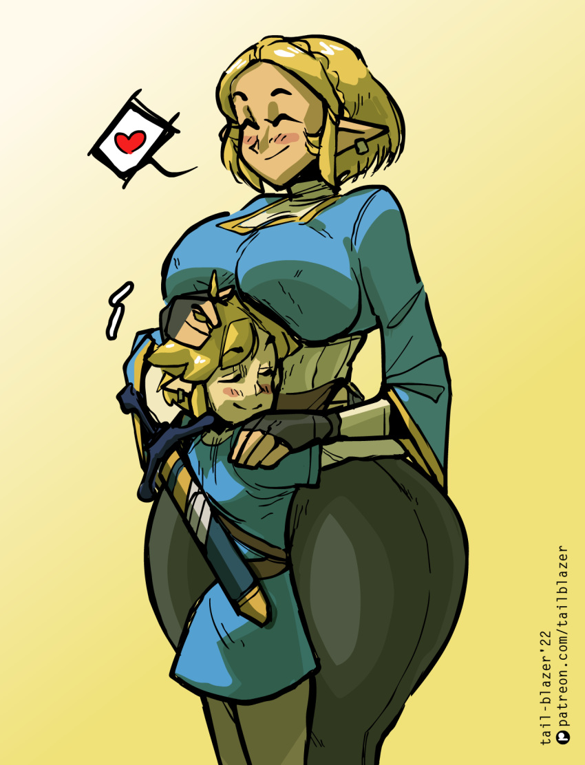 2022 big_breasts big_butt blonde_hair breasts butt clothed clothing duo elf embrace female fully_clothed hair hi_res hug huge_hips huge_thighs humanoid humanoid_pointy_ears hylian larger_female link male male/female melee_weapon nintendo not_furry princess_zelda size_difference smaller_male sword tail-blazer the_legend_of_zelda thick_thighs weapon