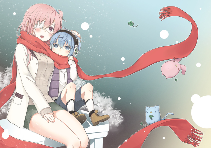 1boy 1girl age_difference blue_eyes blue_hair blue_scrunchie blue_shorts blush breasts bright_pupils brown_footwear clover eyepatch four-leaf_clover green_skirt grey_sweater hair_ornament hair_scrunchie hand_on_another's_head headphones jacket long_hair nei_akutsu open_mouth original os_(os_fresa) pencil_skirt pink_hair purple_eyes purple_vest red_scarf ribbed_sweater scarf scrunchie shared_clothes shared_scarf shirt shorts side_ponytail skirt smile snow socks souta_kandori sweater teeth thighs upper_teeth_only vest white_jacket white_pupils white_shirt white_socks