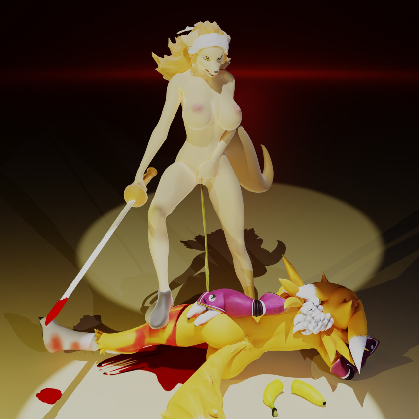 3d_(artwork) absurd_res accessory after_fight anthro areola athletic banana bandai_namco big_breasts blood blood_splatter bodily_fluids breasts clothing deep_wound digimon digimon_(species) digital_media_(artwork) duo female female/female food footwear fruit furromantic genital_fluids genitals gloves gore handwear headband hi_res honigkuchenpferd mammal melee_weapon minkmen_(one_piece) mostly_nude nipples one_piece peeing peeing_on_another pink_areola pink_nipples plant pussy renamon shoes simple_background sword tail teeth urine wanda_(one_piece) watersports weapon wounded