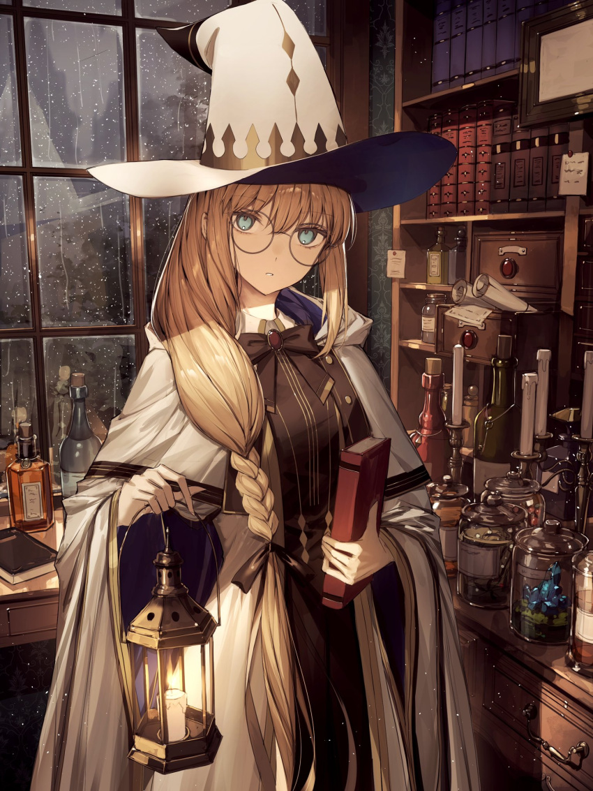 1girl black_bow blonde_hair blush book bow braid breasts cape cloak cowboy_shot fate/grand_order fate_(series) green_eyes hat highres lamp large_breasts long_hair long_sleeves looking_at_viewer multicolored_cape multicolored_clothes robe round_eyewear smile solo tamitami tonelico_(fate) two-tone_sleeves white_cloak white_headwear white_robe window witch_hat