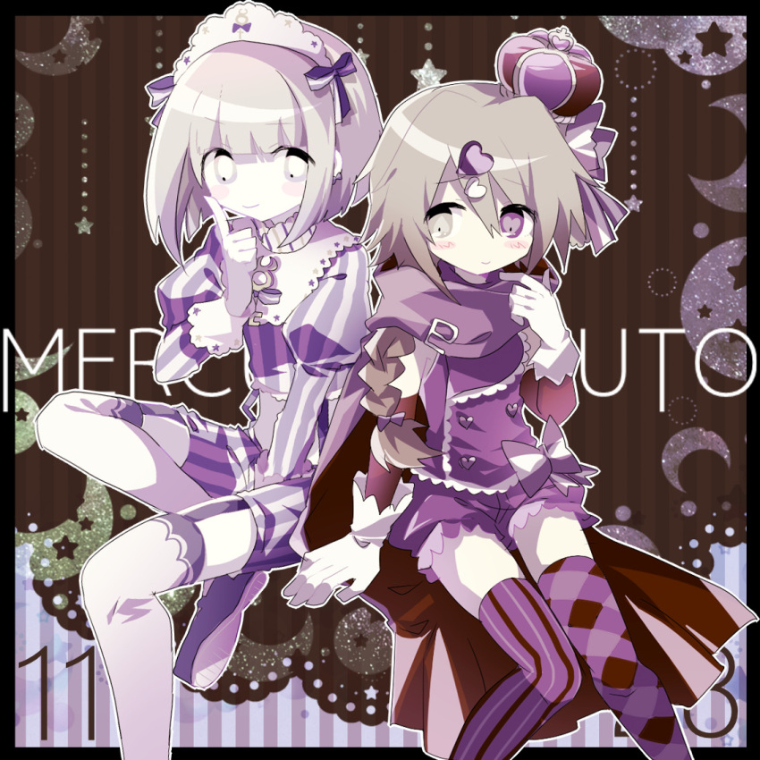 2girls argyle argyle_thighhighs asymmetrical_legwear blonde_hair blush_stickers braid bright_pupils closed_mouth commentary cropped_shirt crown english_commentary flat_chest gloves grey_eyes hair_ribbon hand_up heterochromia ikurumi_mei long_hair maid_headdress makiuri_mizuki mercury_symbol mini_crown mismatched_legwear multiple_girls no_nose original personification purple_eyes purple_ribbon purple_scarf purple_shirt purple_shorts purple_thighhighs ribbon scarf shirt short_hair shorts sitting smile star_(symbol) striped striped_shirt striped_shorts striped_thighhighs thighhighs usagi_nui vertical-striped_shirt vertical-striped_shorts vertical-striped_thighhighs vertical_stripes white_gloves white_pupils white_thighhighs