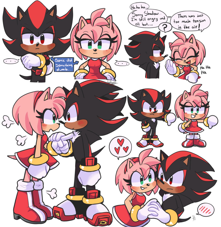 &lt;3 2022 amy_rose anthro blush boots clothing dialogue duo ellipsis english_text eulipotyphlan eye_contact female footwear gesture hand_holding heartludwig hedgehog hi_res looking_at_another looking_at_viewer male male/female mammal question_mark sega shadow_the_hedgehog shoes simple_background smile sonic_the_hedgehog_(series) speech_bubble text text_box thumbs_down