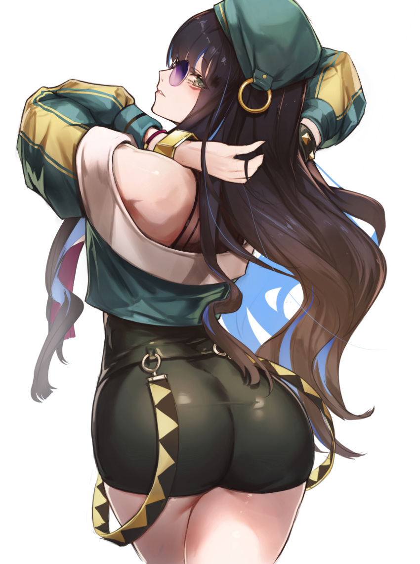 1girl arms_behind_head arms_up ass bare_shoulders beret black_hair black_shorts blue_hair bracelet breasts buttons colored_inner_hair double-breasted eyeliner fate/grand_order fate_(series) green_headwear green_jacket grey_eyes hat highres jacket jewelry long_hair long_sleeves looking_at_viewer looking_back makeup multicolored_hair o-ring off_shoulder parted_lips round_eyewear shorts sidelocks small_breasts solo sunglasses tenochtitlan_(fate) thighs ura_illust wavy_hair