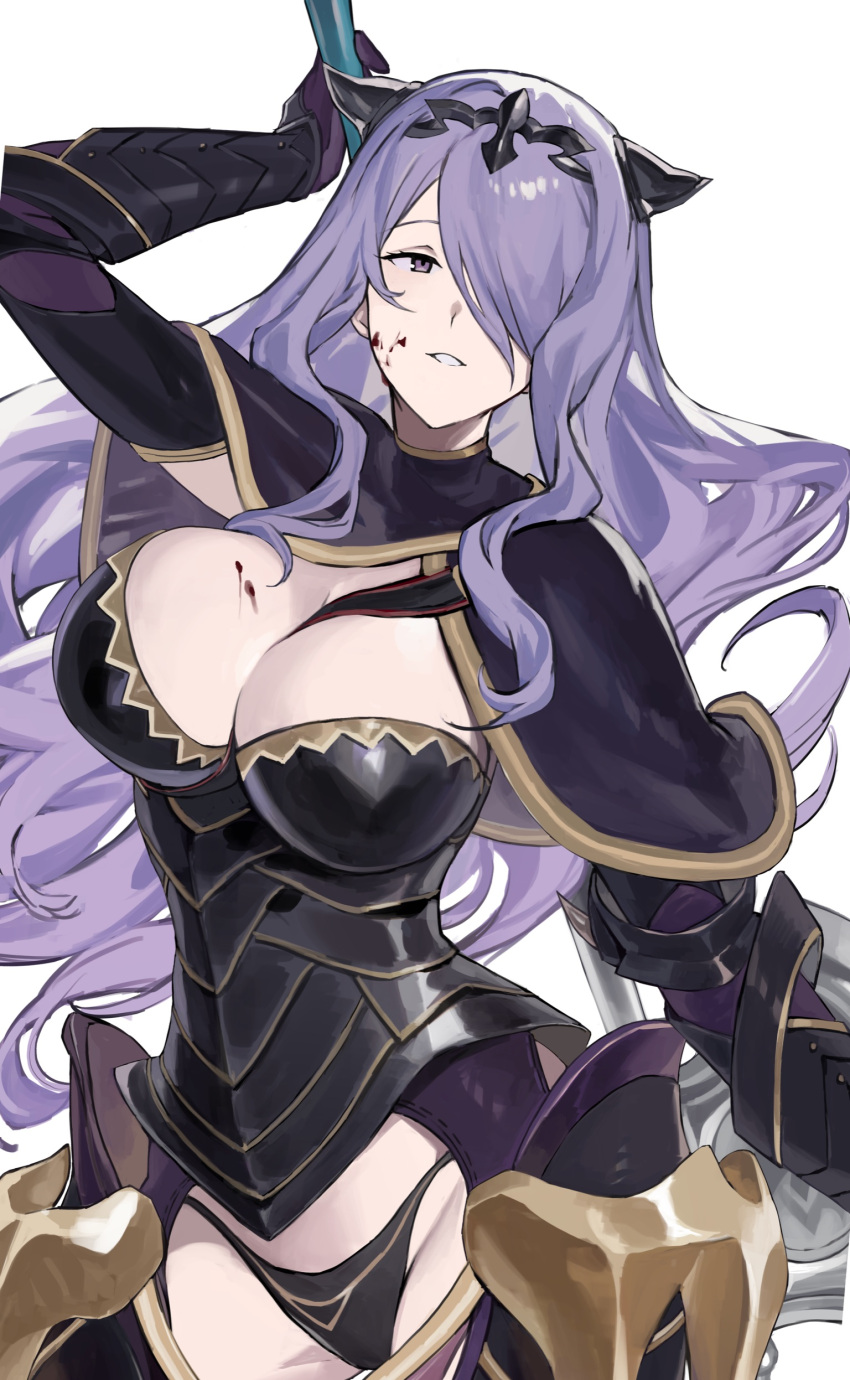 1girl absurdres armor axe battle_axe black_armor black_panties blood blood_on_face boots breasts camilla_(fire_emblem) cleavage fake_horns faulds fire_emblem fire_emblem_fates gauntlets groin hair_over_one_eye hashibiro_kou_(garapiko_p) highres holding holding_axe horns large_breasts long_hair panties purple_eyes purple_hair simple_background solo swept_bangs tiara underwear weapon white_background