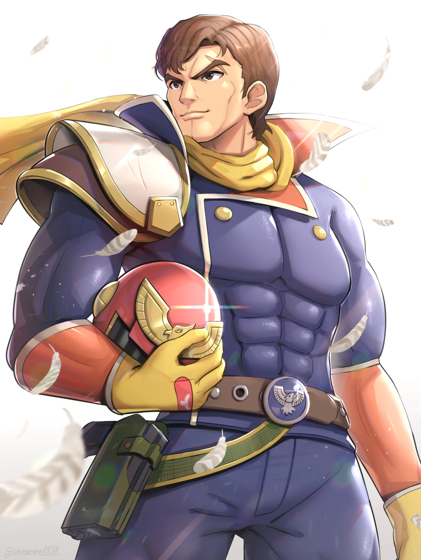 1boy absurdres armor belt belt_buckle blue_jacket blue_pants brown_belt brown_eyes brown_hair buckle captain_falcon closed_mouth covered_abs f-zero feathers gloves gonzarez gun helmet high_collar highres holding holding_helmet jacket light_particles looking_afar male_focus muscular muscular_male no_headwear pants pectorals pouch scar scar_on_face scarf short_hair shoulder_armor simple_background smile solo taut_clothes twitter_username v-shaped_eyebrows weapon white_background yellow_scarf