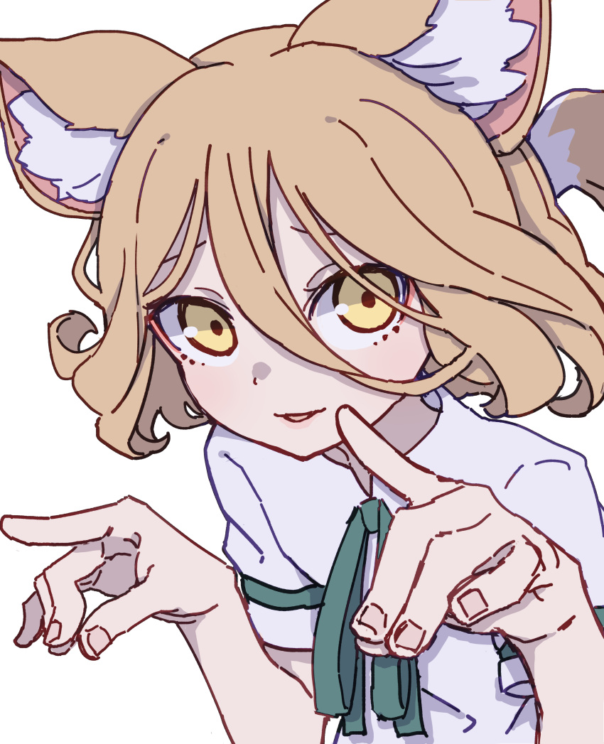 1girl absurdres animal_ear_fluff animal_ears blonde_hair fox_ears green_ribbon highres kame_(kamepan44231) kudamaki_tsukasa one-hour_drawing_challenge open_mouth ribbon romper short_hair short_sleeves simple_background smile solo touhou upper_body white_background white_romper yellow_eyes