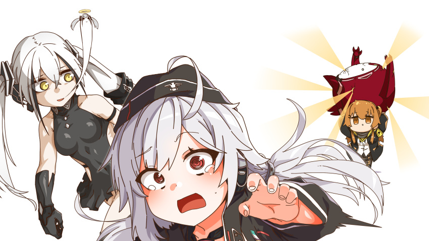3girls @_@ absurdres ahoge arms_up bare_shoulders black_dress black_gloves black_hair black_headwear black_jacket blush breasts brown_eyes brown_hair c96_(girls'_frontline) carrying_overhead chibi commentary_request crack crossed_bangs destroyer_(girls'_frontline) dress elbow_gloves fleeing ghost girls'_frontline giving_up_the_ghost gloves goliath_(girls'_frontline) hair_between_eyes hair_ornament hairclip halo hat highres imminent_explosion jacket long_hair long_sleeves medium_breasts multicolored_hair multiple_girls myon2 no_scar non-humanoid_robot open_clothes open_mouth outstretched_hand red_eyes robot running sangvis_ferri shirt short_dress simple_background single_hair_tube smile streaked_hair tears twintails ump9_(girls'_frontline) very_long_hair white_background white_hair white_shirt yellow_armband yellow_eyes