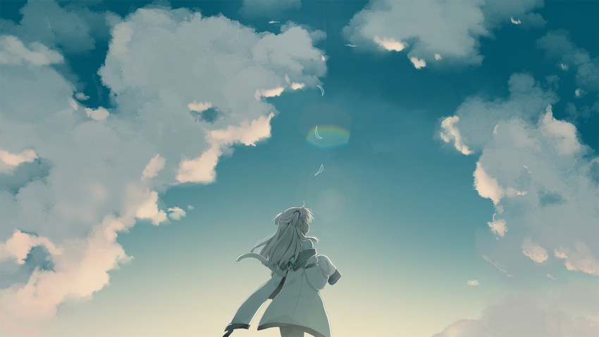 1girl black_pantyhose blue_sky cat_hair_ornament cat_tail cloud cloudy_sky day facing_away grey_hair hair_ornament hairclip highres indie_virtual_youtuber jacket long_hair long_sleeves natsume_eri natsume_eri_(vtuber) off_shoulder outdoors pantyhose shirt sky sleeves_past_fingers sleeves_past_wrists solo standing tail two_side_up virtual_youtuber white_jacket white_shirt