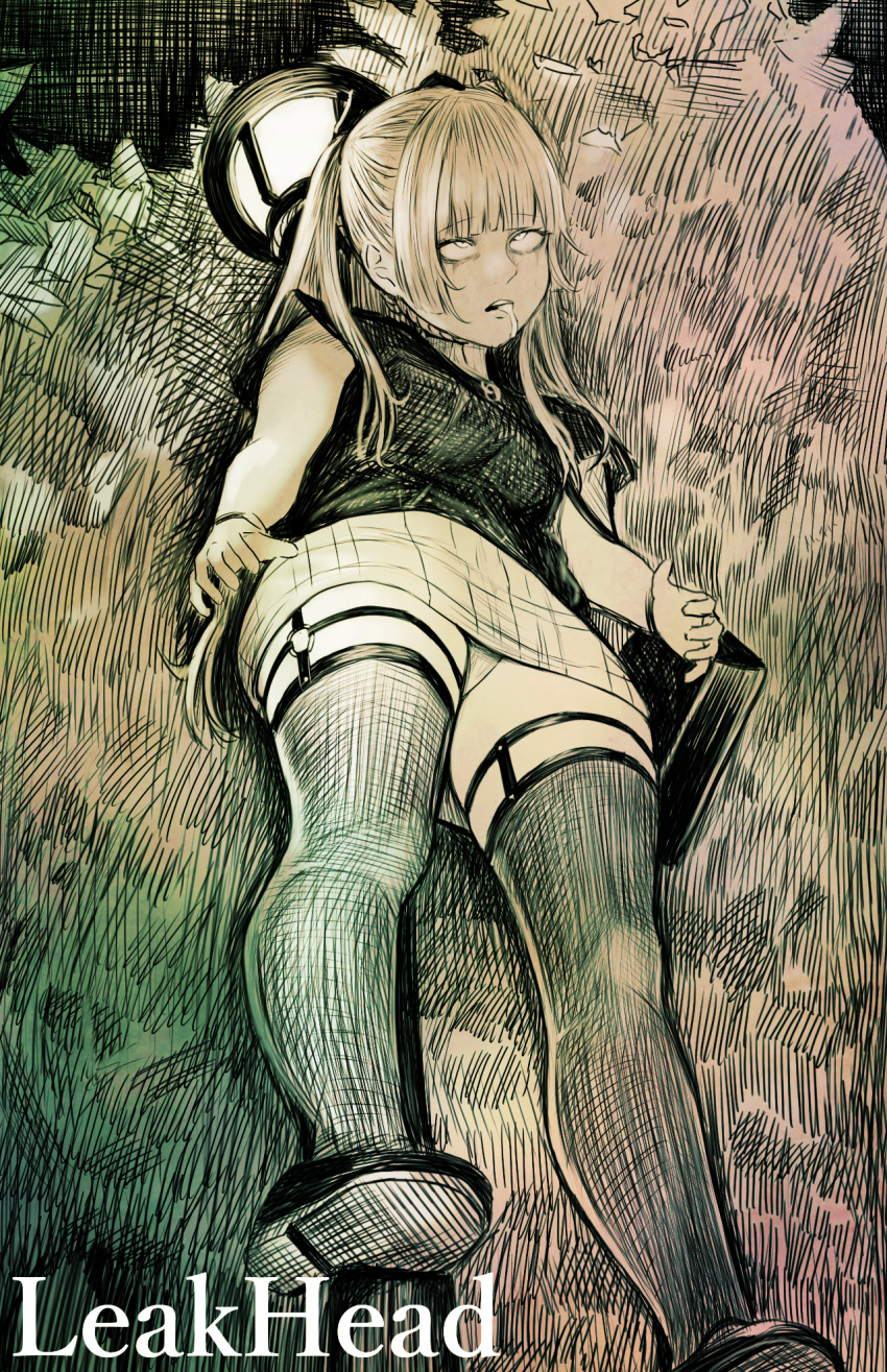 1girl blunt_bangs death disorder! drooling foot_out_of_frame greyscale hanged highres lamppost miniskirt monochrome night original outdoors panties pantyshot rolling_eyes skirt solo thighhighs underwear