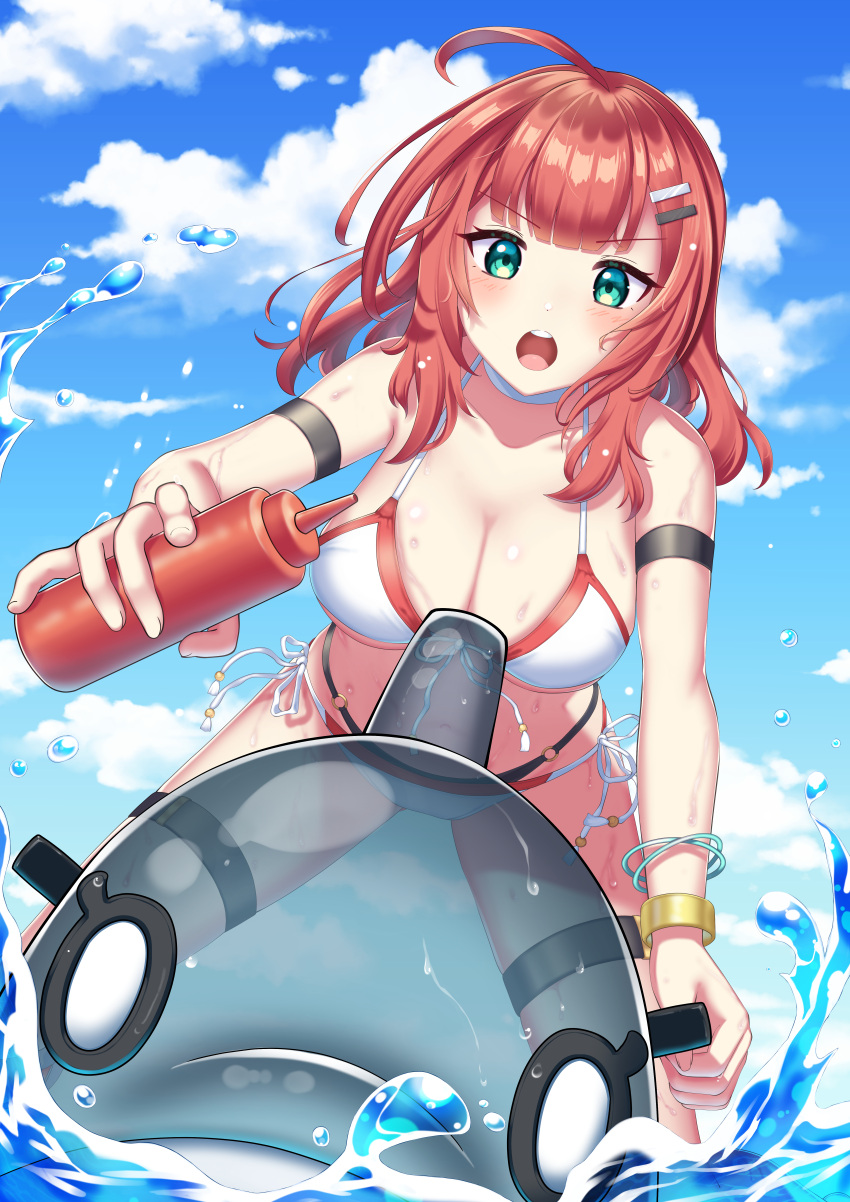 1girl :o absurdres ahoge arm_strap bare_shoulders bikini blue_sky blush bottle bracelet breasts choker cleavage cloud commentary_request counter:side day dot_nose from_below green_eyes hair_ornament hairclip halterneck highres holding holding_bottle inflatable_orca inflatable_toy jewelry large_breasts looking_at_viewer lycoris_(counter:side) medium_hair multi-strapped_bikini_bottom o-ring o-ring_bikini o-ring_bottom official_alternate_costume open_mouth outdoors red_hair riding side-tie_bikini_bottom sky solo splashing squeeze_bottle string_bikini swimsuit thigh_strap thighs transparent v-shaped_eyebrows water_drop wet white_bikini white_choker yokoshimahama