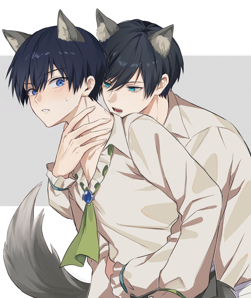 2boys animal_ears arm_around_waist bite_mark black_hair blue_eyes blue_hair blue_lock blush commentary_request extra_ears fingernails frills green_eyes hand_on_another's_neck highres isagi_yoichi itoshiki_rin long_sleeves looking_at_another male_focus moco_(1553561764583079936) multiple_boys open_mouth short_hair tail teeth two-tone_background upper_body wolf_boy wolf_ears wolf_tail yaoi