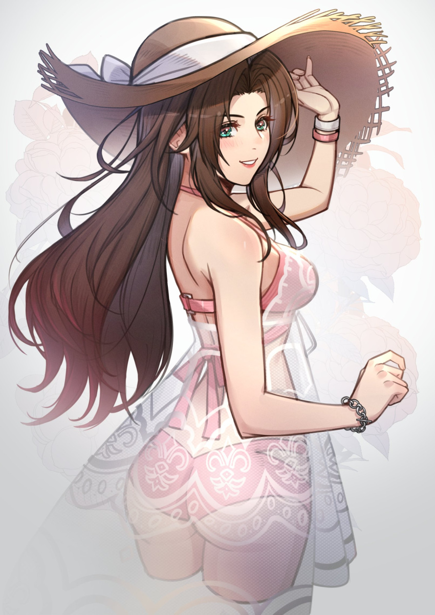 1girl aerith_gainsborough ass bikini blush breasts brown_hair commentary dress english_commentary final_fantasy final_fantasy_vii final_fantasy_vii_ever_crisis forehead from_behind green_eyes grin hat highres lips long_hair looking_at_viewer lukrevadraws medium_breasts official_alternate_costume pink_bikini pink_lips see-through see-through_dress sidelocks smile solo straw_hat sun_hat swimsuit white_background