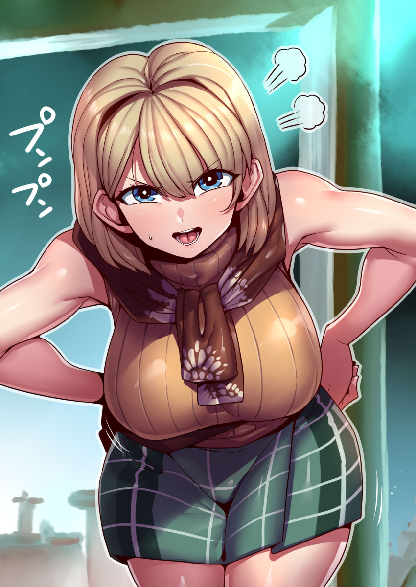 1girl ashley_graham blonde_hair blue_eyes breasts cowboy_shot green_skirt hands_on_hips highres large_breasts leaning_forward looking_at_viewer medium_hair open_mouth orange_sweater pleated_skirt resident_evil resident_evil_4 skirt sleeveless sleeveless_sweater solo sweater tukiwani turtleneck turtleneck_sweater