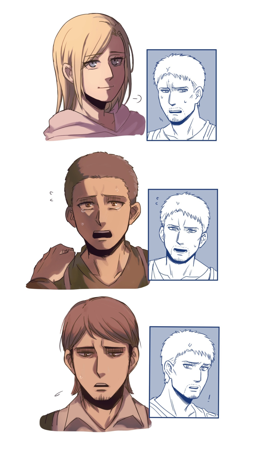 ! 1girl 3boys absurdres annie_leonhardt blonde_hair blue_eyes brown_eyes brown_hair commentary connie_springer facial_hair flying_sweatdrops frown goatee hand_on_another's_shoulder highres hood hoodie jean_kirchstein multiple_boys open_mouth partially_colored reiner_braun shingeki_no_kyojin smile symbol-only_commentary yanglao_paopaoren