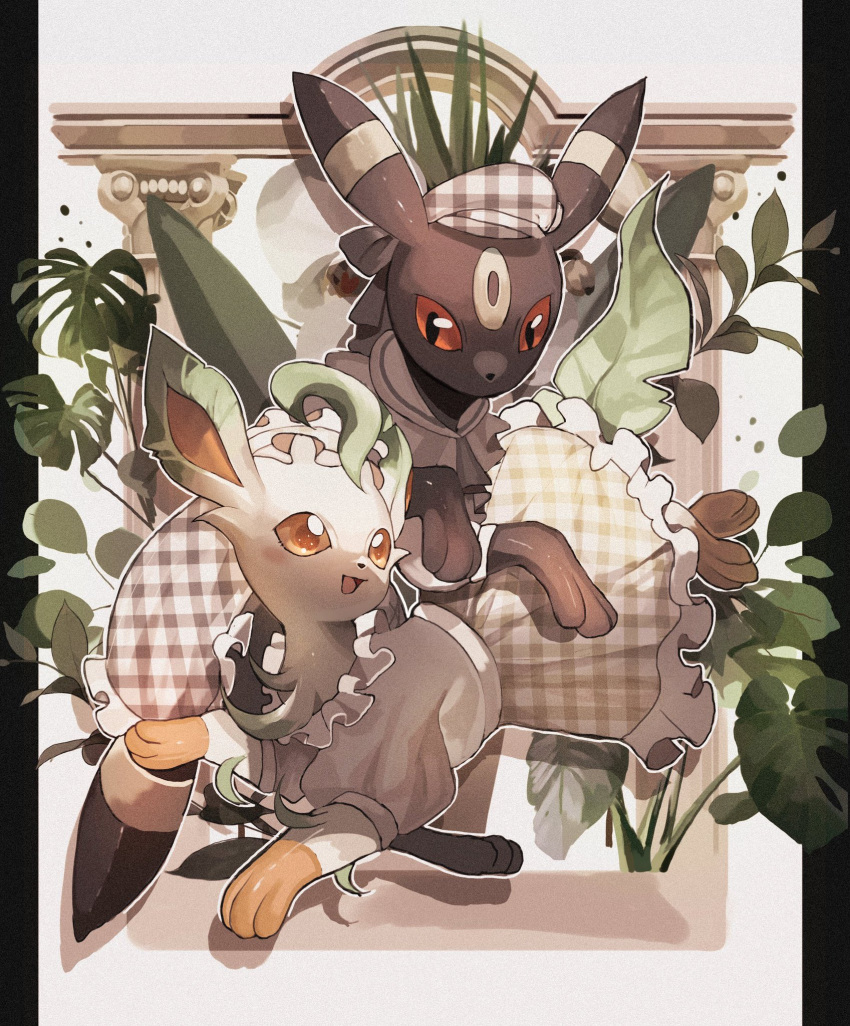 checkered_clothes checkered_headwear checkered_skirt clothed_pokemon hat highres leaf leafeon no_humans open_mouth plant pokemon pokemon_(creature) reo_(mmocc123) shirt skirt umbreon