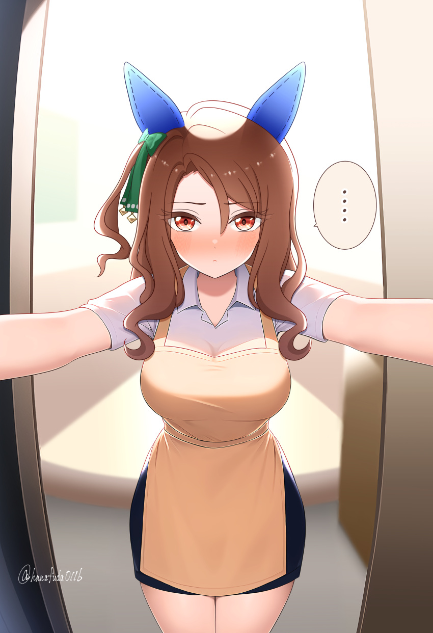 ... 1girl absurdres alternate_costume animal_ears apron blush bow breasts brown_hair casual door ear_bow ear_covers embarrassed entrance green_bow hanafuda_(hanafuda0116) highres horse_ears horse_girl king_halo_(umamusume) medium_breasts nose_blush pov reaching reaching_towards_viewer red_eyes spoken_ellipsis twitter_username umamusume