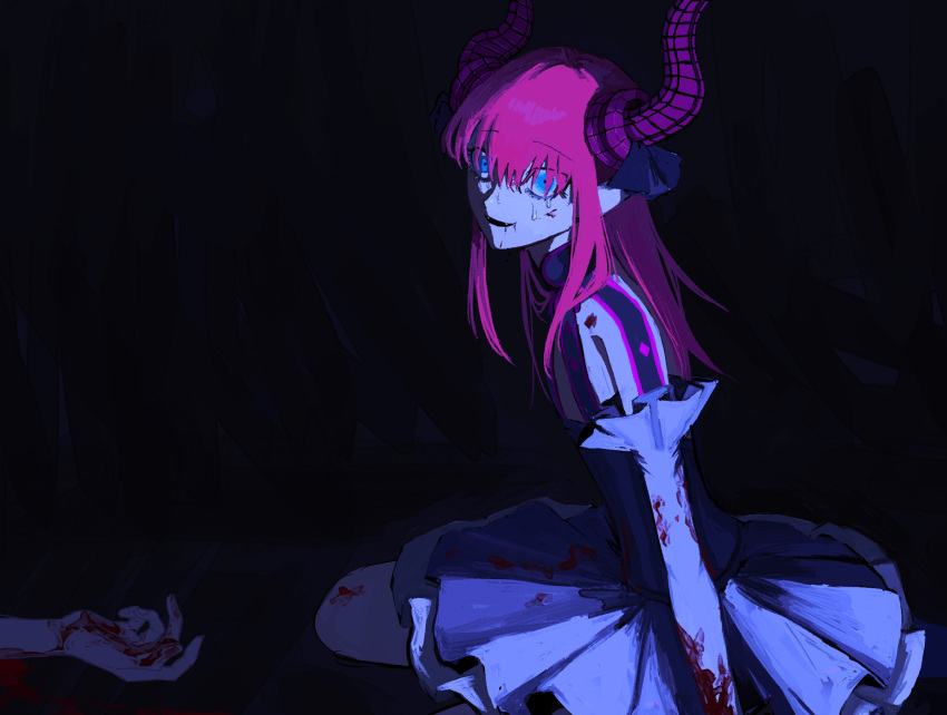 1473ex 1girl 1other blood blood_on_clothes blood_on_face blood_splatter blood_stain constricted_pupils curled_horns dress elbow_gloves elizabeth_bathory_(fate) elizabeth_bathory_(fate/extra_ccc) fate/extra fate/extra_ccc fate_(series) gloves highres horns long_hair looking_at_viewer out_of_frame parted_lips pink_hair pointy_ears sitting sketch smile solo_focus wide-eyed
