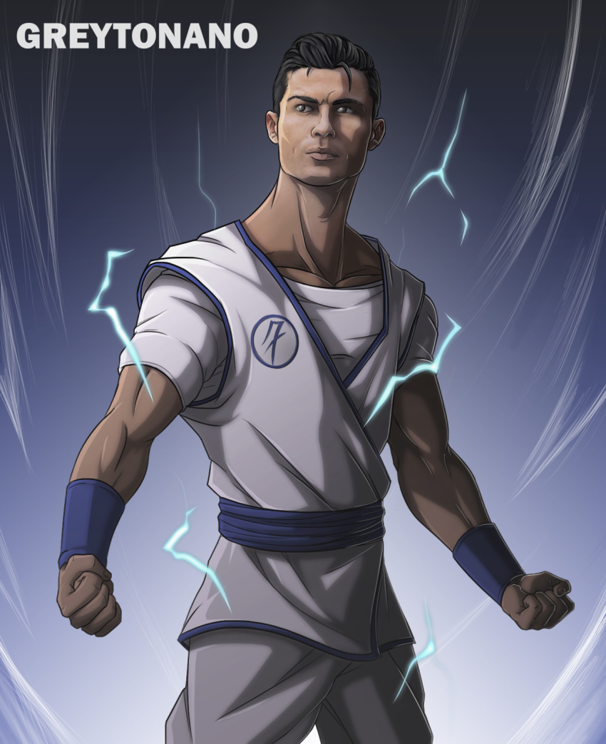 1boy adidas alternate_costume artist_name black_eyes black_hair blue_wristband clenched_hand closed_mouth cristiano_ronaldo dougi greytonano highres nike pants portugal real_life robe shirt short_hair short_sleeves soccer solo standing white_robe world_cup wristband