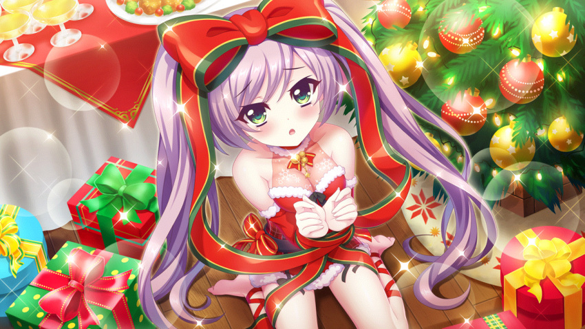 1girl bare_shoulders barefoot blush bound bound_wrists bow box breasts christmas_lights christmas_ornaments christmas_tree cleavage collarbone cup dot_nose dress drinking_glass film_grain from_above fur-trimmed_dress fur_trim game_cg gift gift_box green_eyes hair_bow izumi_tsubasu large_bow leg_ribbon lens_flare looking_at_viewer medium_breasts misaki_sango non-web_source official_art open_mouth plate purple_hair re:stage! red_bow red_dress ribbon santa_dress see-through see-through_cleavage sitting snowflake_print solo sparkle table tablecloth twintails wariza wooden_floor